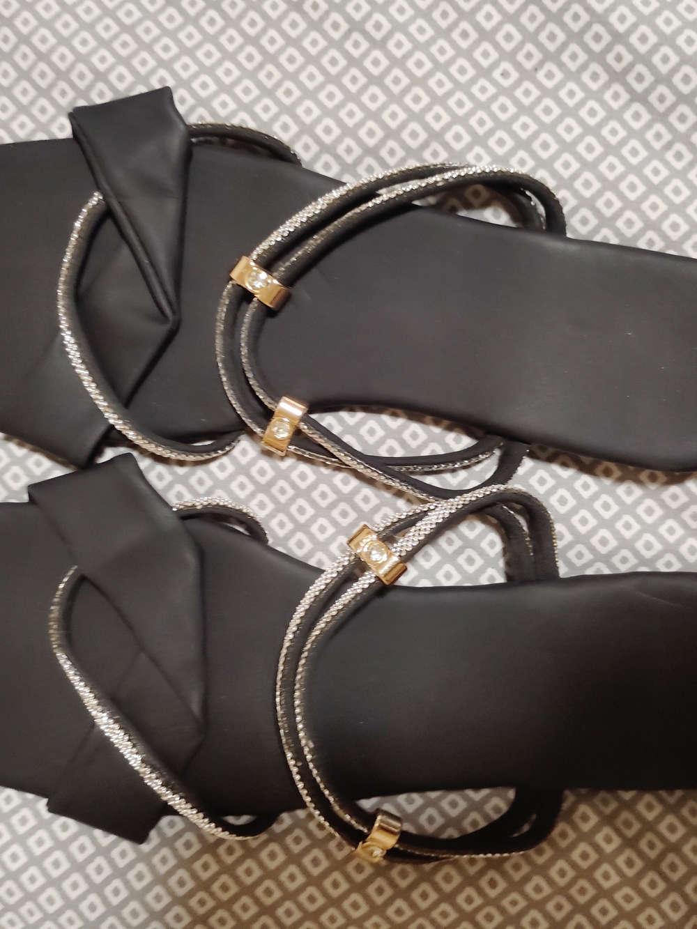 Black Women's Slip-On Sandals with Metallic Accents